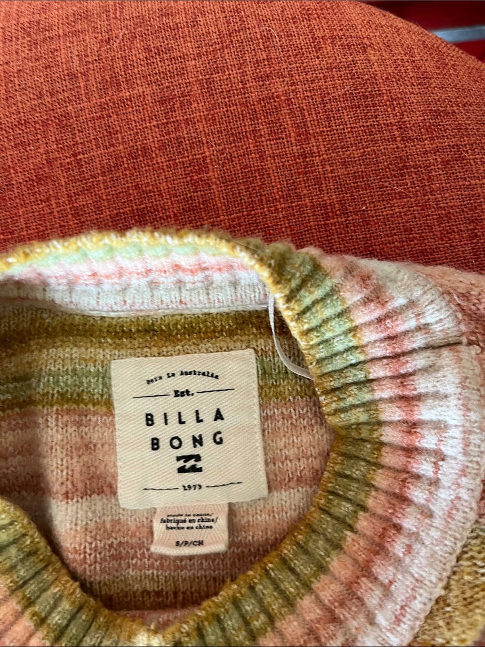 Billabong Cropped Striped Crewneck Sweater in Pink, Olive & Cream - Picture 3 of 3